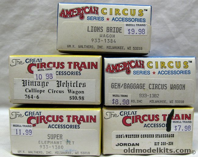 Walthers 1/87 HO Scale Great Circus Train 360-234 1890s Western Concord Stagecoach with Horses / 933-1384 Lions Bride Wagon / 933-1382 General-Baggage Circus Wagon / 764-6 Calliope Circus Wagon / 933-1380 Super Elephant Set plastic model kit